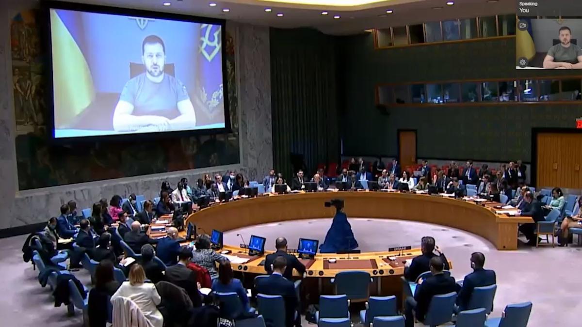 Зеленский выступает по видеосвязи на заседании Совбеза ООН. Скрин: телеграм-канал Зеленского