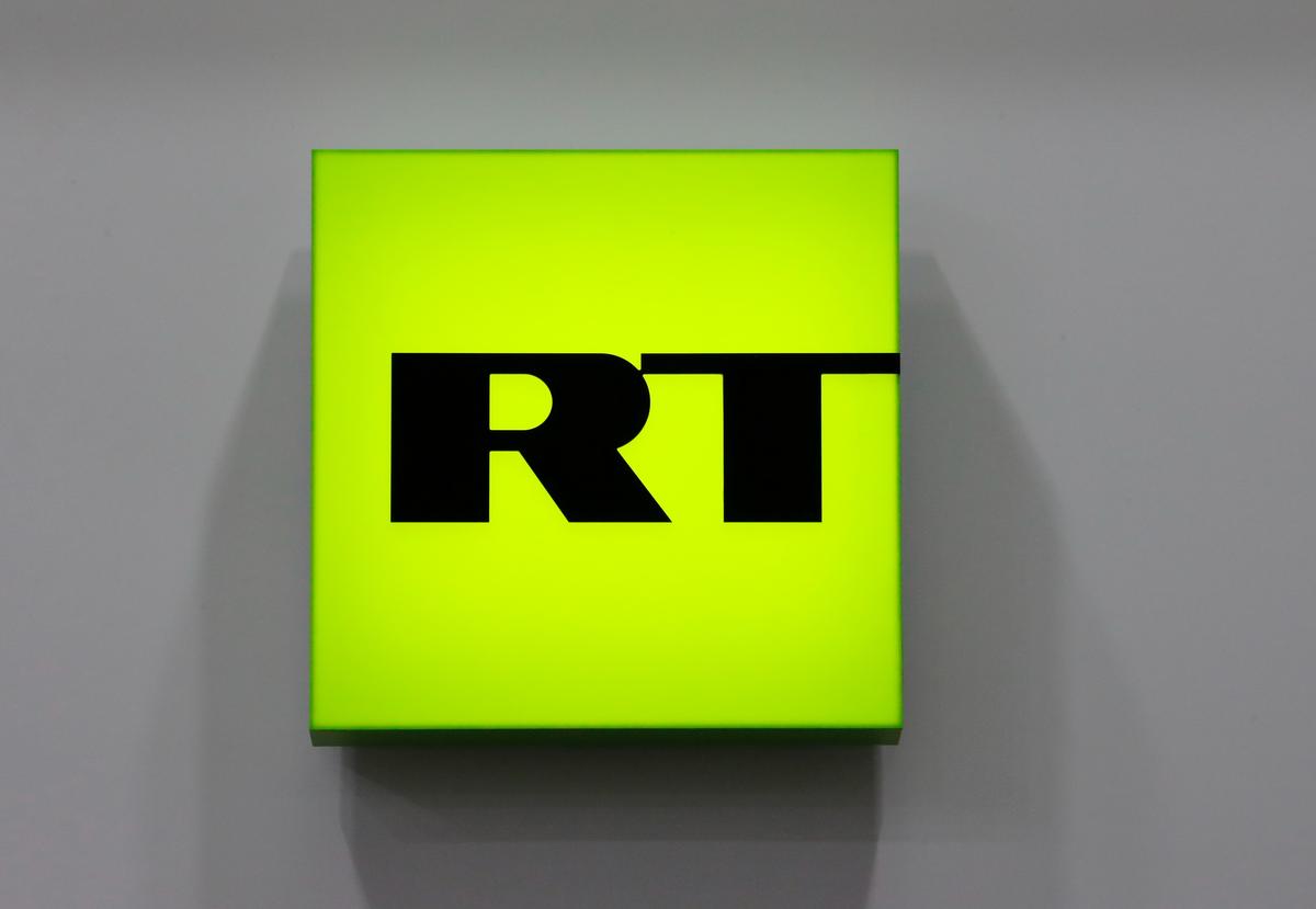 The RT logo on display at the St. Petersburg International Economic Forum, 18 June 2022. Photo: EPA-EFE / ANATOLY MALTSEV