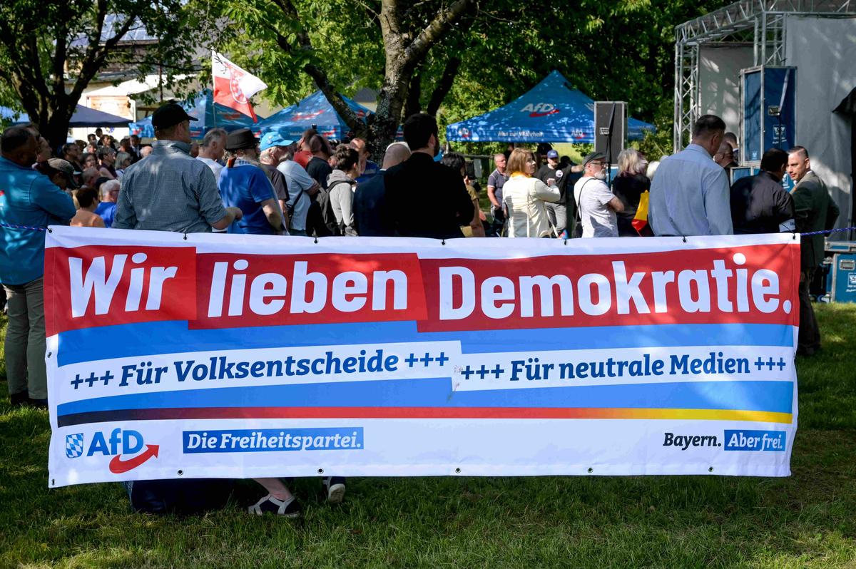 Баннер с надписью «Мы любим демократию» на митинге партии «Альтернатива для Германии», 17 июня 2023 года. Фото: Heiko Rebsch / picture alliance / Getty Images