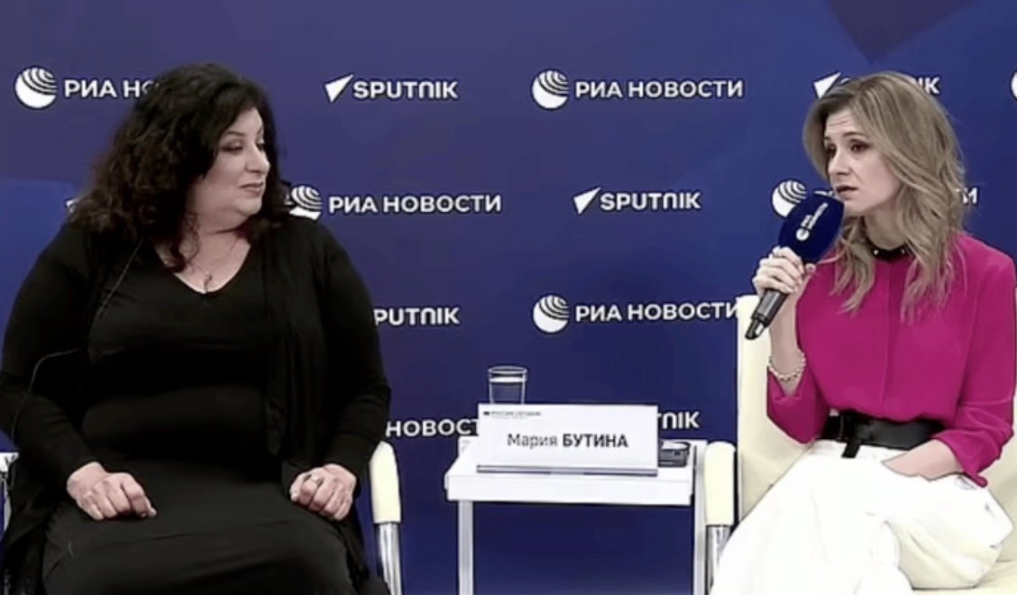 Tara Reade and Maria Butina at a press conference in Moscow. Photo: video screenshot