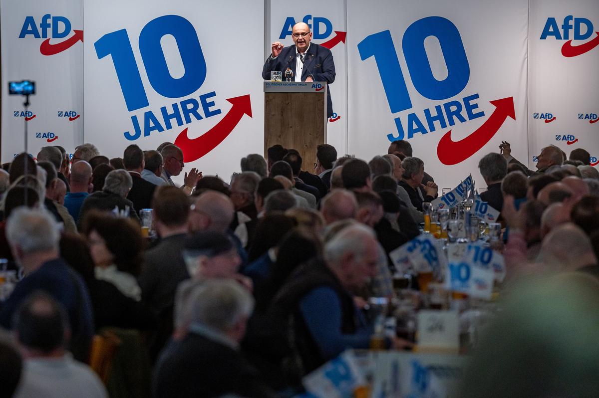 Штефан Прочка на собрании партии «Альтернатива для Германии» (АдГ). Фото: Armin Weigel/Getty Images