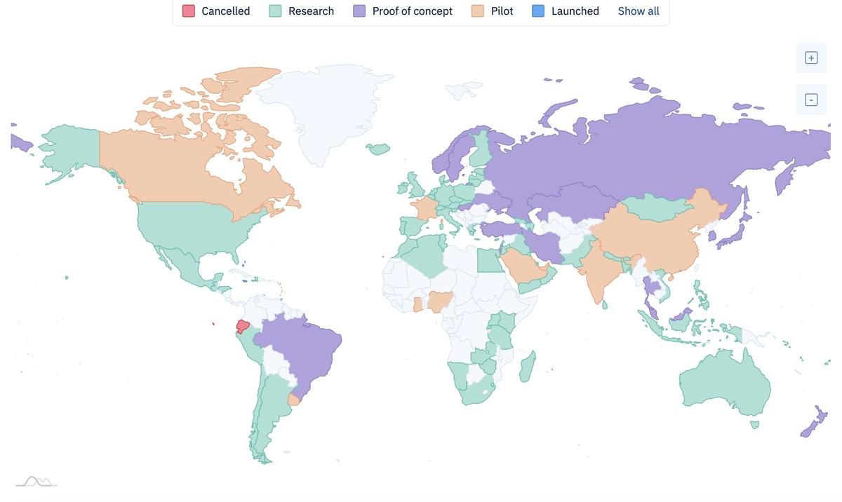 Карта распространения цифровых валют по миру. Фото: Central Bank Digital Currency