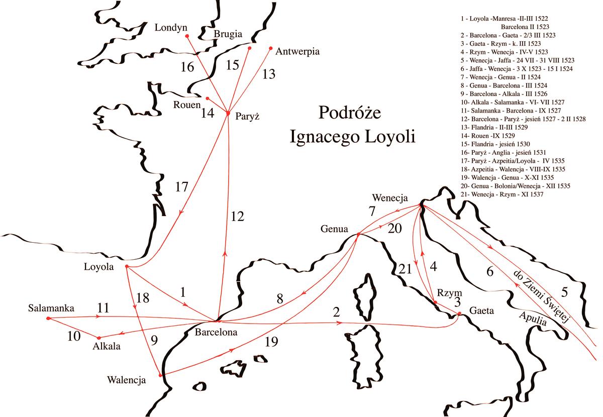 Маршруты путешествий Игнатия Лойолы в разное время. Фото:  Wikimedia Commons
