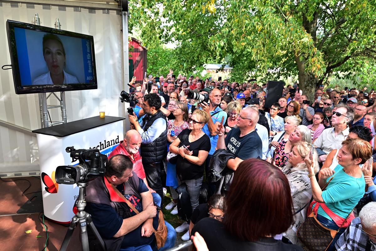Алис Вайдель по телевизору на митинге в Мёдларойт. Фото: Martin Schutt / picture alliance / Getty Images