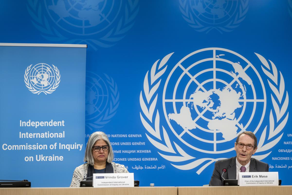 UN Independent International Commission of Inquiry on Ukraine members Vrinda Grover and Erik Møse at a press conference in Geneva, Switzerland, 15 March 2024. Photo: EPA-EFE/MARTIAL TREZZINI