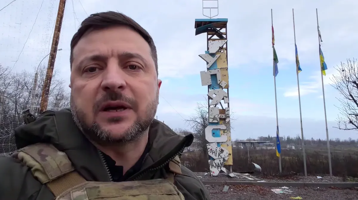 Ukrainian President Volodymyr Zelensky on the outskirts of Kupyansk, 12 December 2026. Screenshot: Zelensky / Telegram