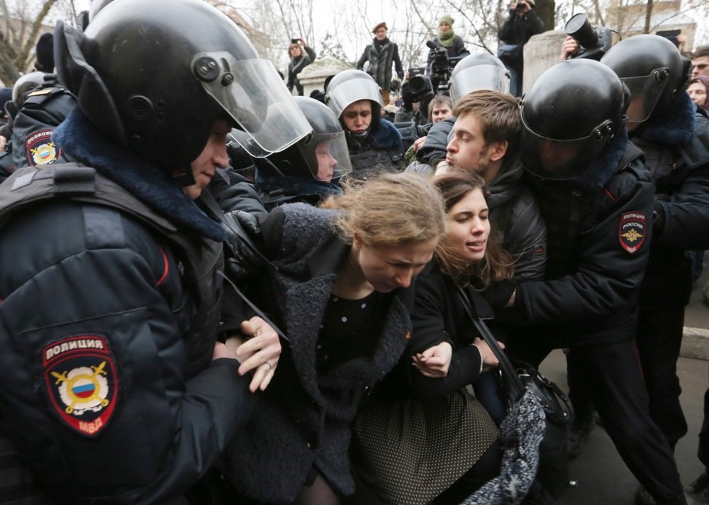 Verzilov detained during a protest in Moscow alongside Pussy Riot members Nadezhda Tolokonnikova and Maria Alyokhina in May 2012. Photo: EPA/SERGEI CHIRIKOV