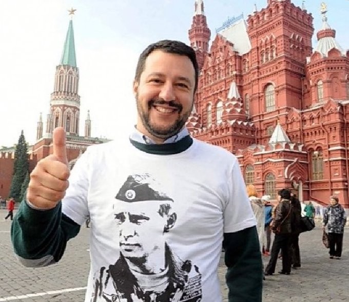 Бывший министр внутренних дел Италии Маттео Сальвини в футболке с портретом Владимира Путина. Фото: соцсети