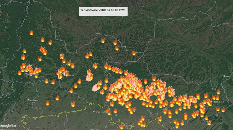 «Гринпис», карта термоточек в Свердловской, Курганской, Омской, Новосибирской, Тюменской областях 5-10 мая 2023 года