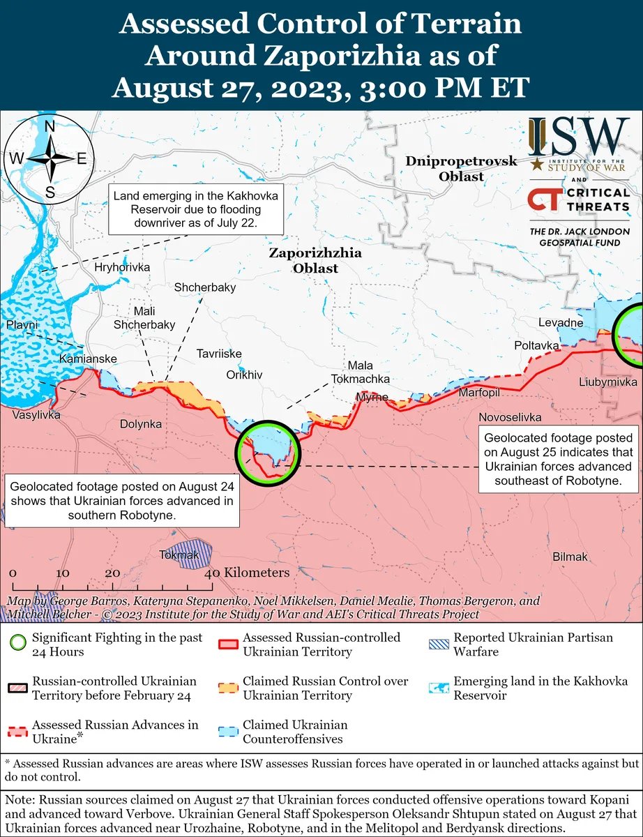 The map of combat activity in the Zaporizhzhia region, 27 August 2023. Source: ISW