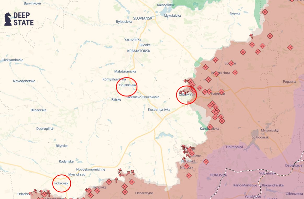 The three-town “triangle” the Russian military is seeking to control to surround AFU troops. Screenshot: DeepState