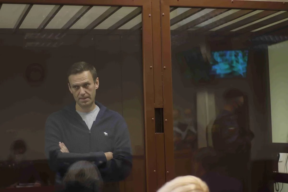 Alexey Navalny during his trial for defamation of veteran Ignat Artyomenko, 12 February 2021. Photo: Moscow Court Press Service / Anadolu Agency / Getty Images