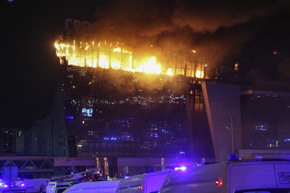 The fire at the Crocus City Hall concert venue in Krasnogorsk, Moscow, March 22, 2024. Photo: EPA-EFE/VASILY PRUDNIKOV
