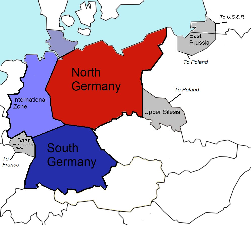 The planned partition of Germany into the North and South States as well as the International Zone. Grey areas were meant to be ceded to France, Poland and the Soviet Union. Photo:  Wikimedia Commons
