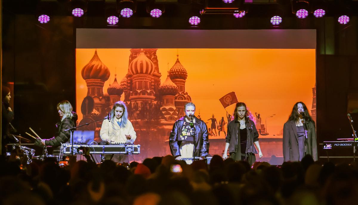 Russian group Pussy Riot performs on stage at an event marking 35 years of the fall of the Berlin Wall in Berlin, Germany, 10 November 2024. Photo: EPA / HANNIBAL HANSCHKE