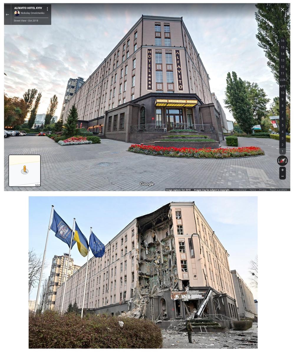 Гостиница Alfavito в Киеве до и после обстрела. Фото:  Twitter