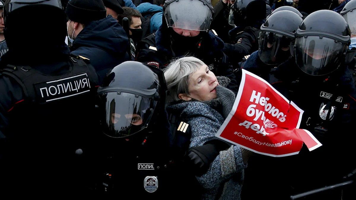 Police detaining a protester at a pro-Navalny rally in Moscow, 23 January 2021. Photo: Sefa Karacan / Anadolu Agency / Getty Images