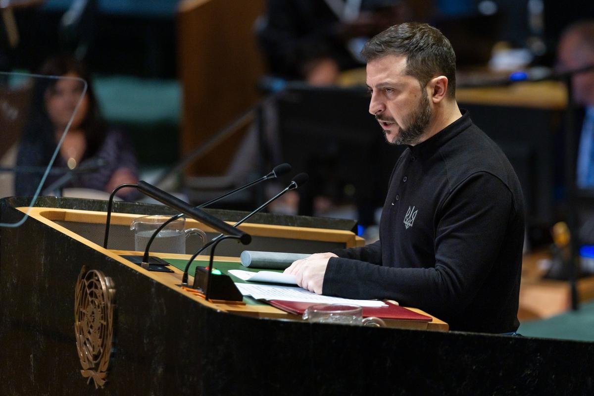 Ukrainian President Volodymyr Zelensky addresses the UN General Assembly in New York, 25 September 2024. Photo: PA-EFE / JUSTIN LANE