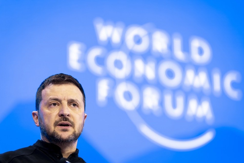 Volodymyr Zelensky speaks at the World Economic Forum in the Swiss town of Davos on Wednesday. Photo: EPA-EFE/MICHAEL BUHOLZER