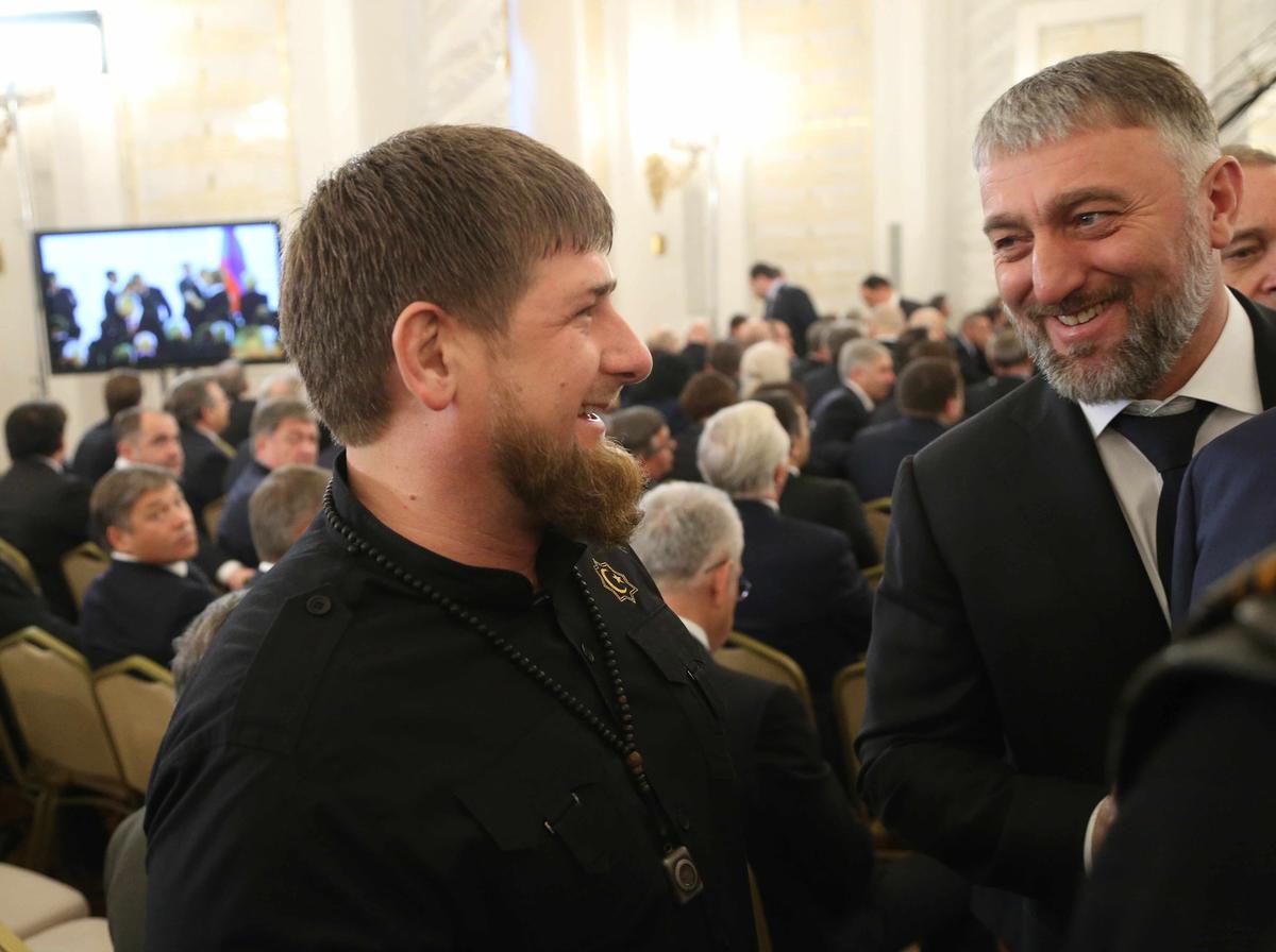 Deputy Prime Minister of the Chechen Republic and Russian Duma member Adam Delimkhanov with the head of the Chechen Republic Ramzan Kadyrov. Photo: Sasha Mordovets / Getty Images