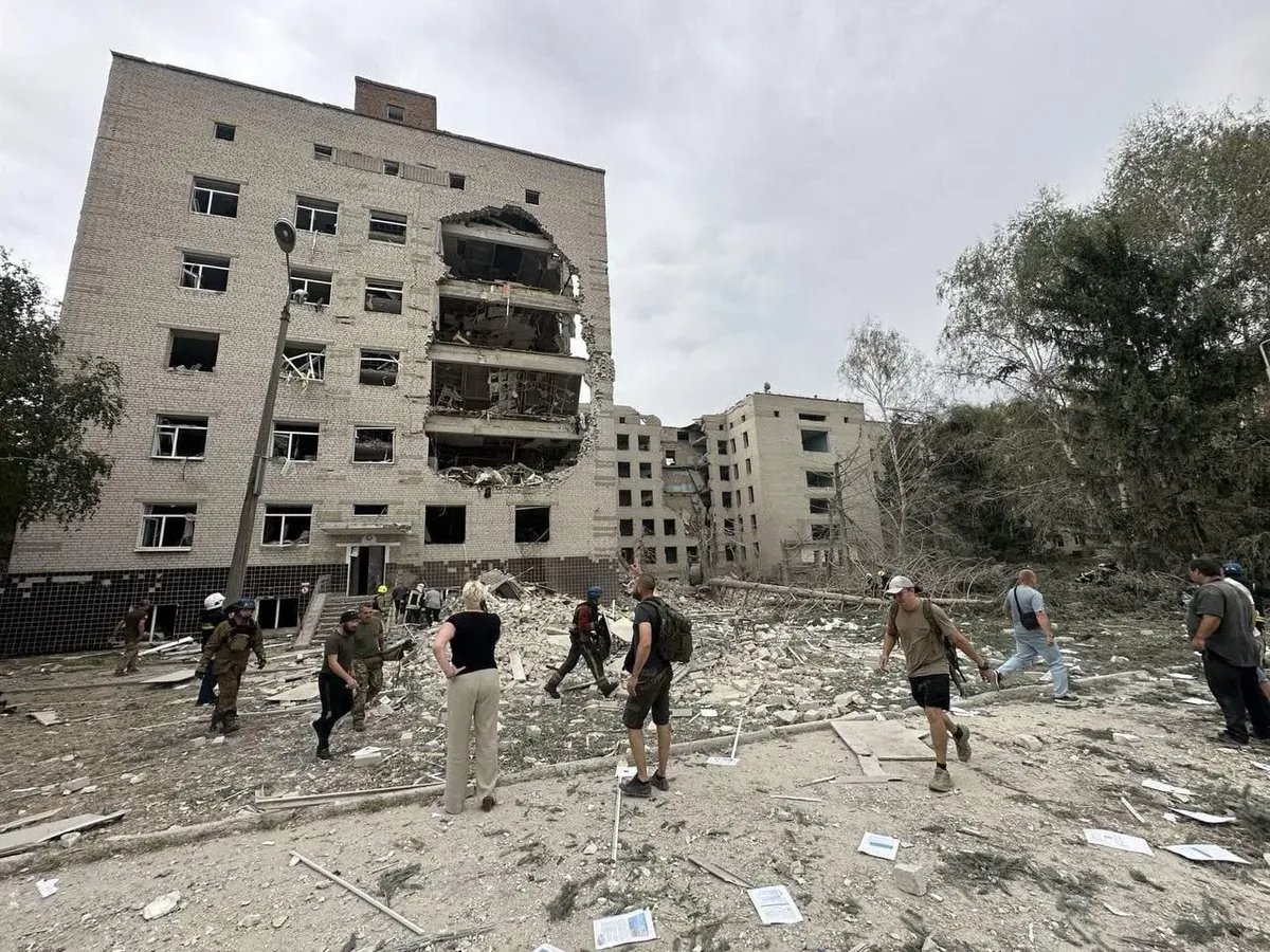 Firefighters at the site of a missile strike on Poltava, 4 September 2024. Photo: State Emergency Service of Ukraine