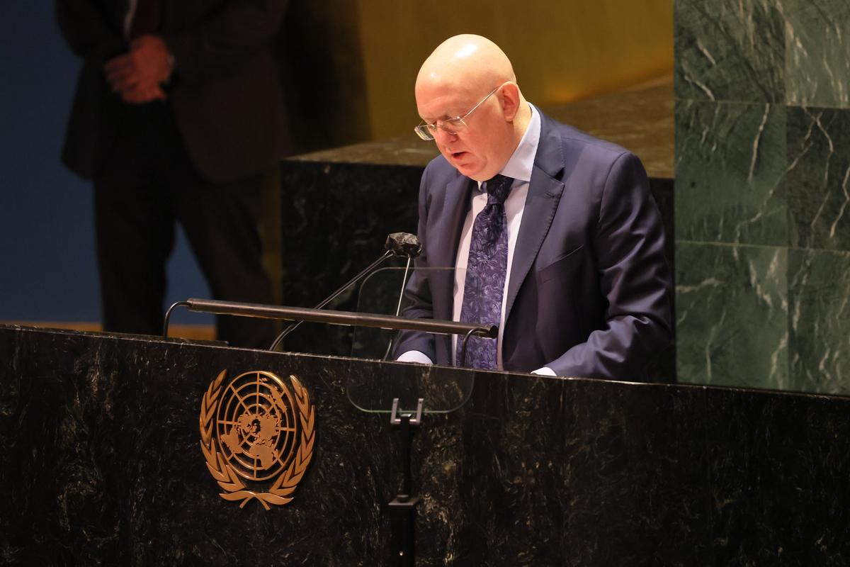 Vasily Nebenzya takes the stand at a special session of the UN General Assembly dedicated to Russia’s invasion of Ukraine, 28 February 2022. Photo: Michael M. Santiago / Getty Images