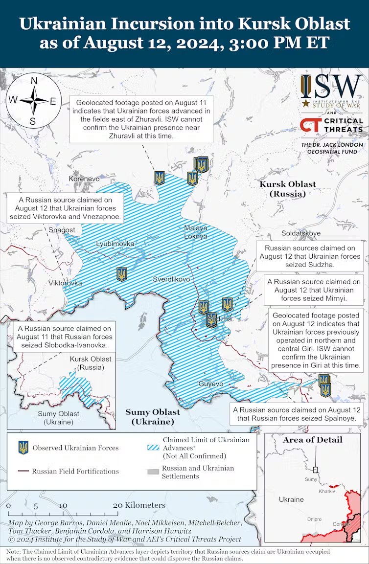 Kursk incursion: how things stood on 12 August 2024. Map: Institute for the Study of War