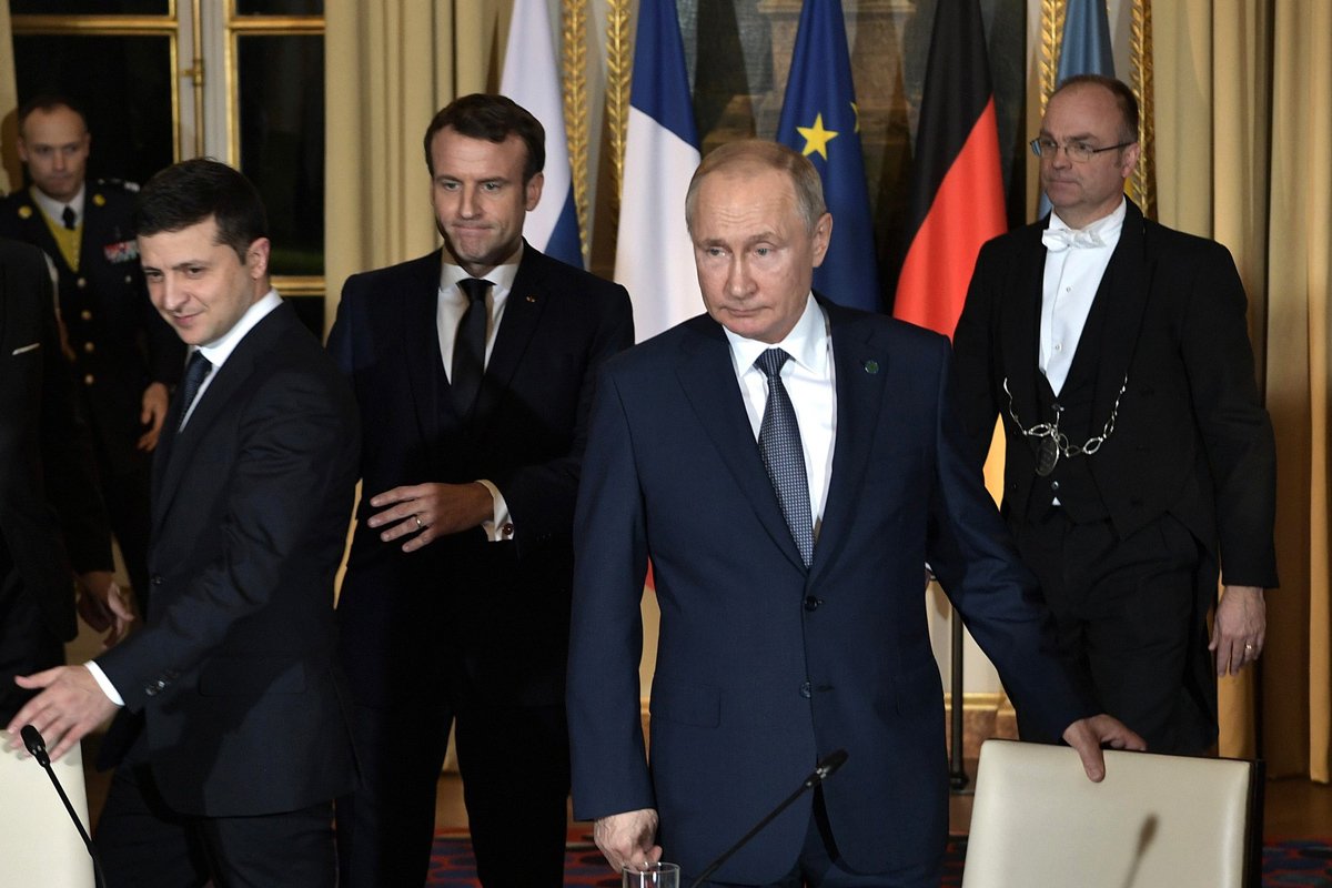 Vladimir Zelensky, Vladimir Putin dhe Emmanuel Macron në Pallatin Elysee në Paris, 9 dhjetor 2019. Foto: Kremlin