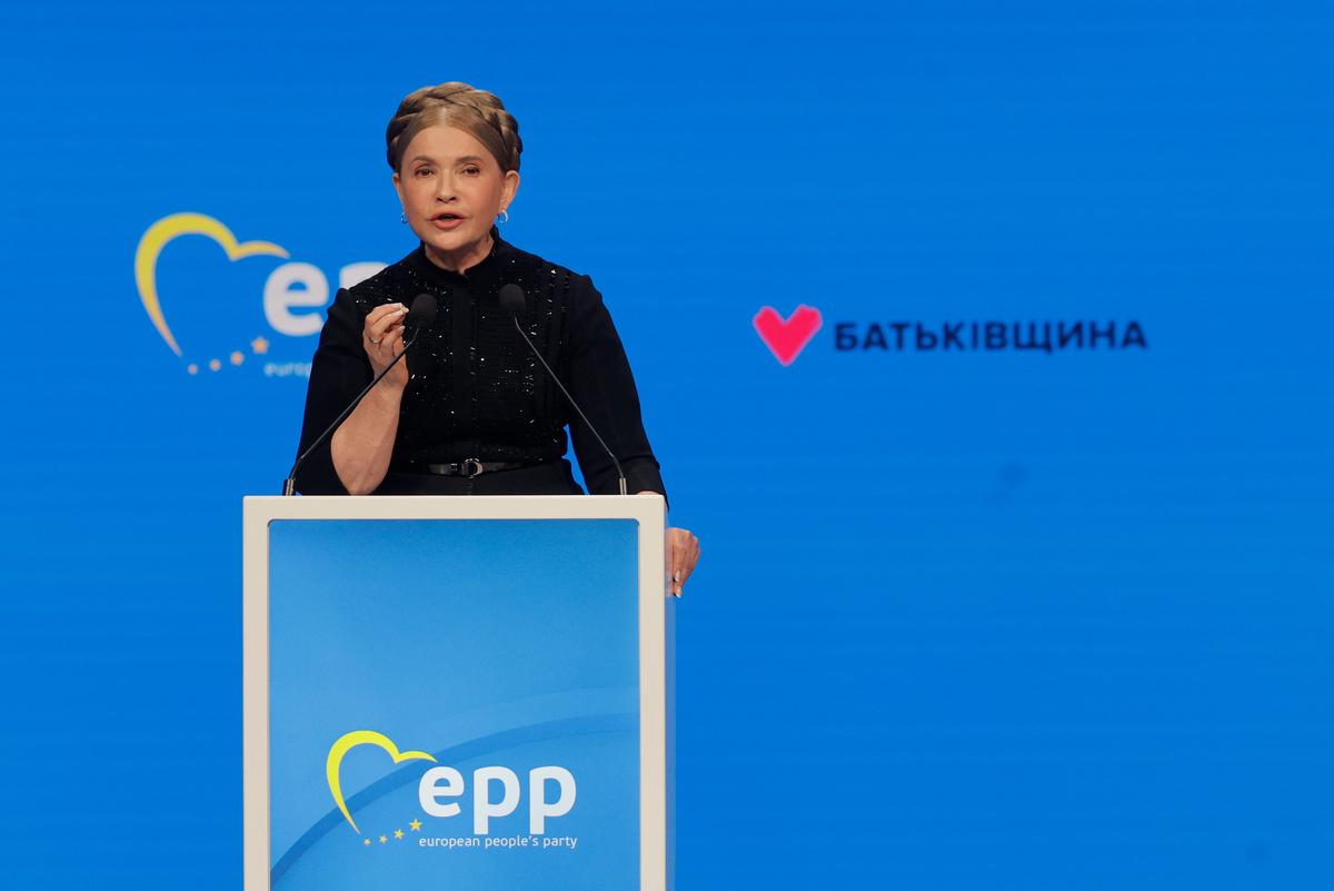 Former Ukrainian Prime Minister Yulia Tymoshenko addresses a European People's Party Congress in Valencia, Spain, 29 April 2025. Photo: EPA / Kai Forsterling
