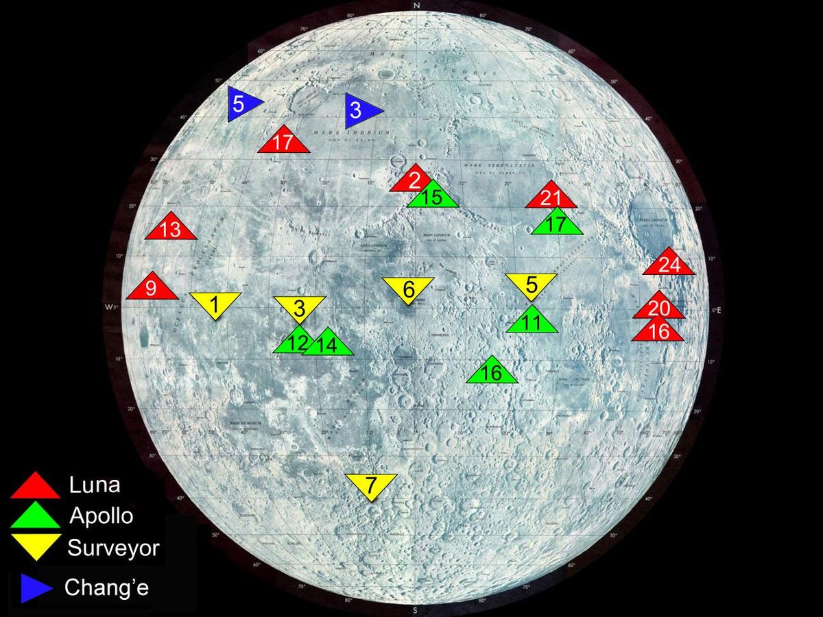Карта Луны с местами посадок. Слайд из презентации Владимира Сурдина