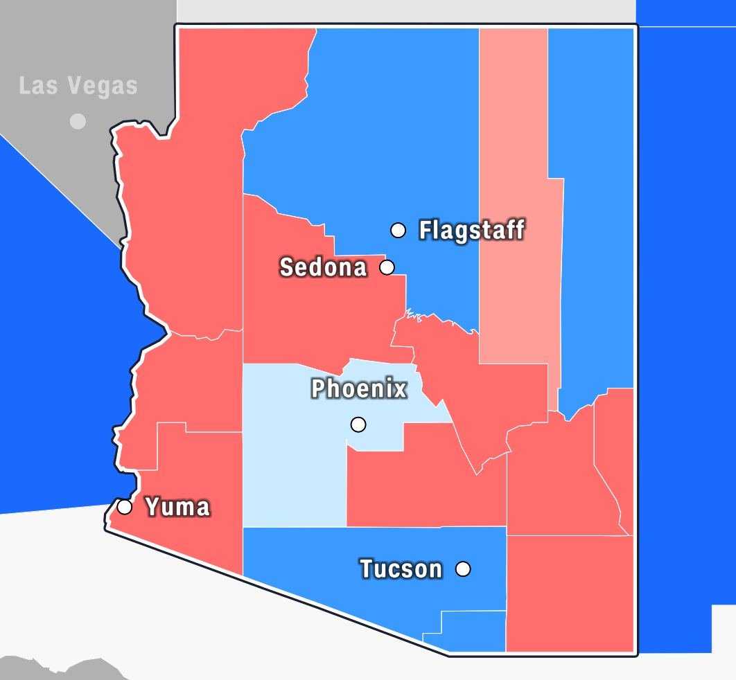 Предварительные итоги выборов губернатора Аризоны. Обозначенные синим цветом округа голосовали за Хоббс, красным — за Лейк 
 Источник: CNN