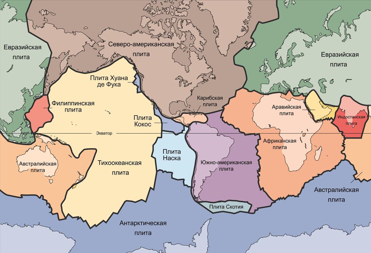 Карта литосферных плит. Фото:  Wikimedia Commons