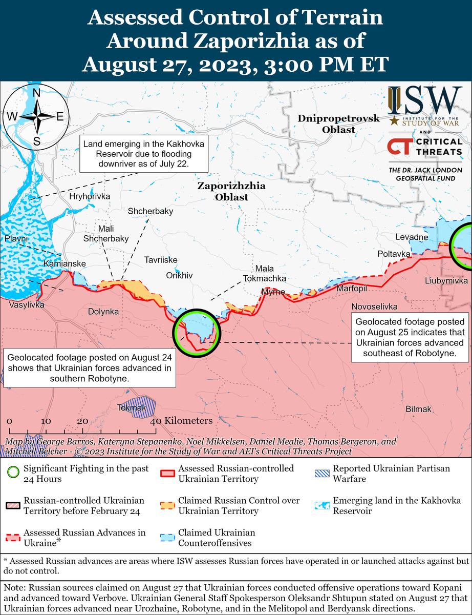 Карта боевых действий в Запорожье 27 августа 2023. Фото: ISW