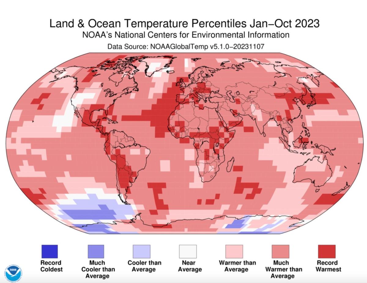 Карта глобальной температуры в октябре. Источник:  National Oceanic and Atmospheric Administration