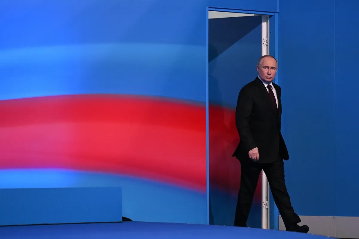 Vladimir Putin at his campaign HQ at the end of voting, Moscow, 18 March 2024. Photo: Natalya Kolesnikova / EPA-EFE