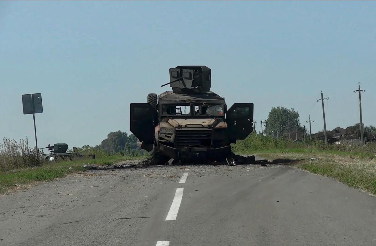 A Ukrainian armoured vehicle destroyed by Russian forces in Russia’s Kursk region. Photo: EPA-EFE / RUSSIAN DEFENCE MINISTRY