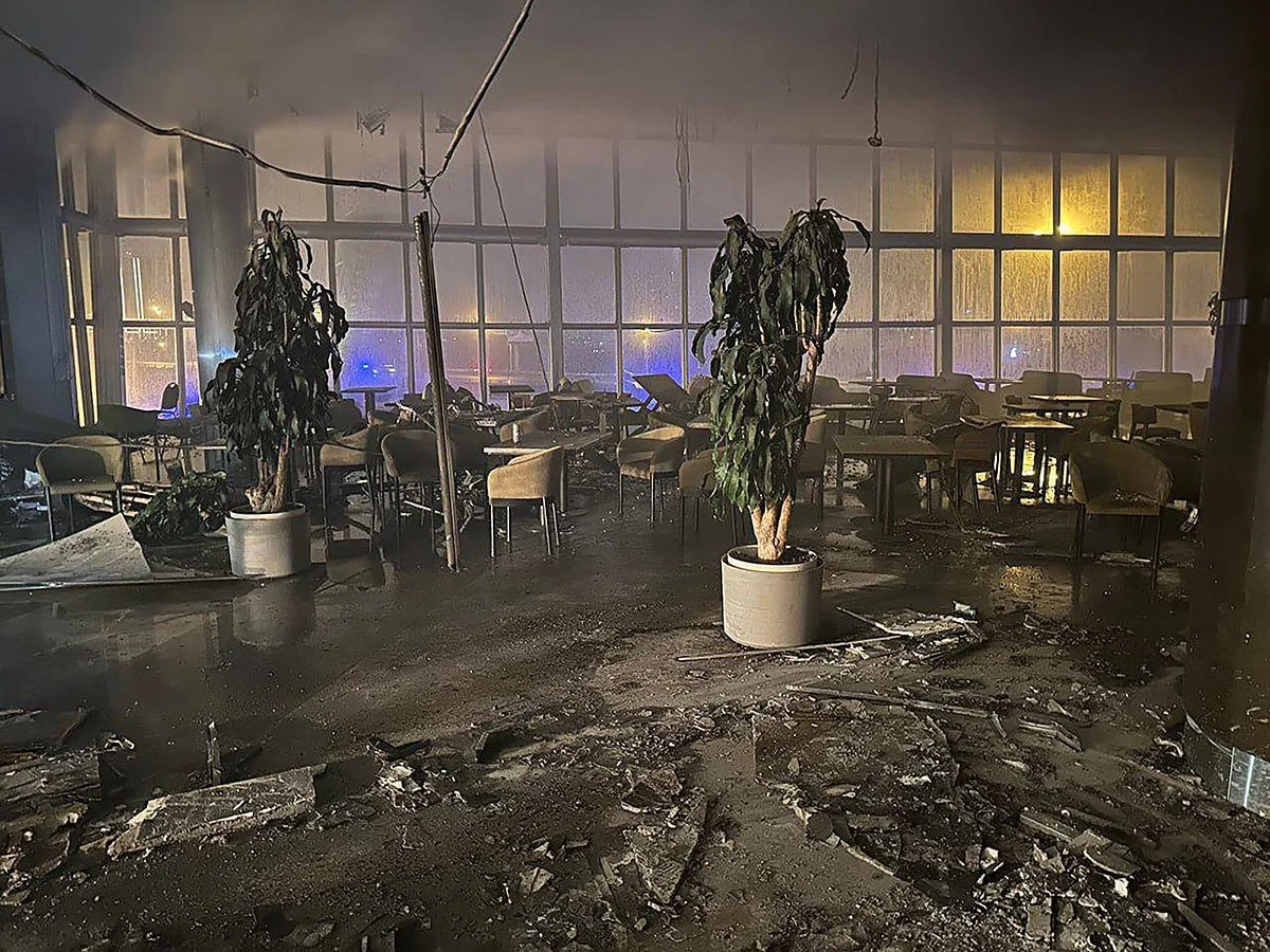 The lower floor of the concert hall in the immediate aftermath of the fire. Photo: governor of the Moscow region