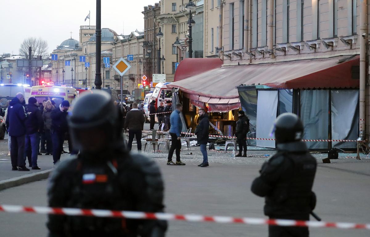 The scene of an explosion at a cafe in St. Petersburg that killed Vladlen Tatarsky on 2 April 2023. Photo: EPA-EFE/ANATOLY MALTSEV