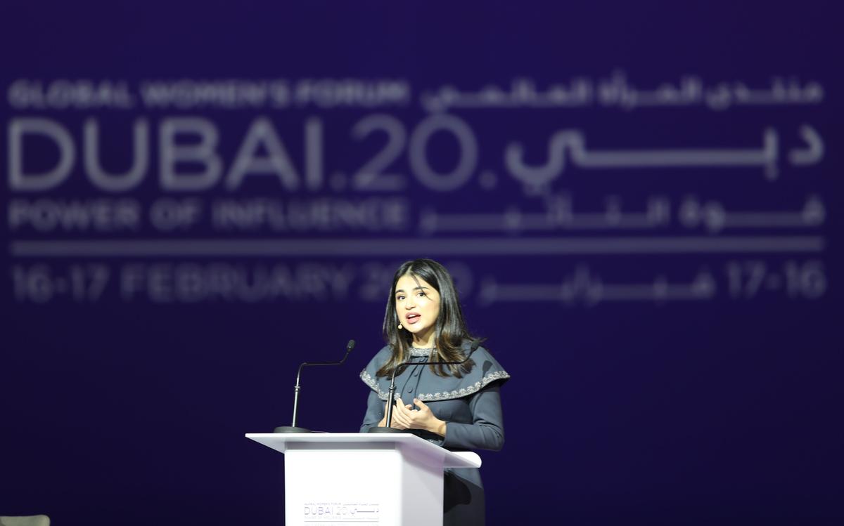 Саида Мирзиёева выступает во время сессии на Глобальном женском форуме 2020 в Дубае. Фото: EPA-EFE/ALI HAIDER