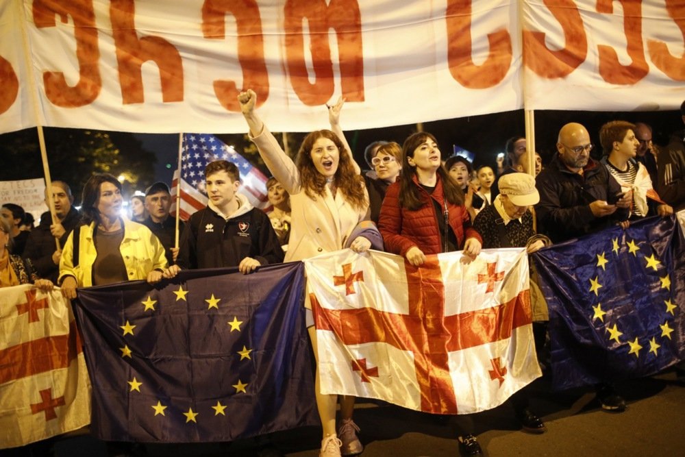 Protesters rally against the so-called “Russian bill” in Tbilisi, Georgia, 24 May 2024. Photo: EPA-EFE / DAVID MDZINARISHVILI