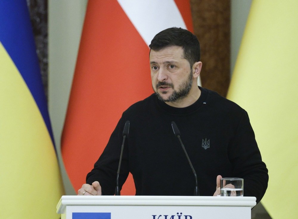 Volodymyr Zelensky addresses a joint press conference with Danish Prime Minister Frederiksen after their meeting in Kyiv on Tuesday. Photo: EPA-EFE/SERGEY DOLZHENKO