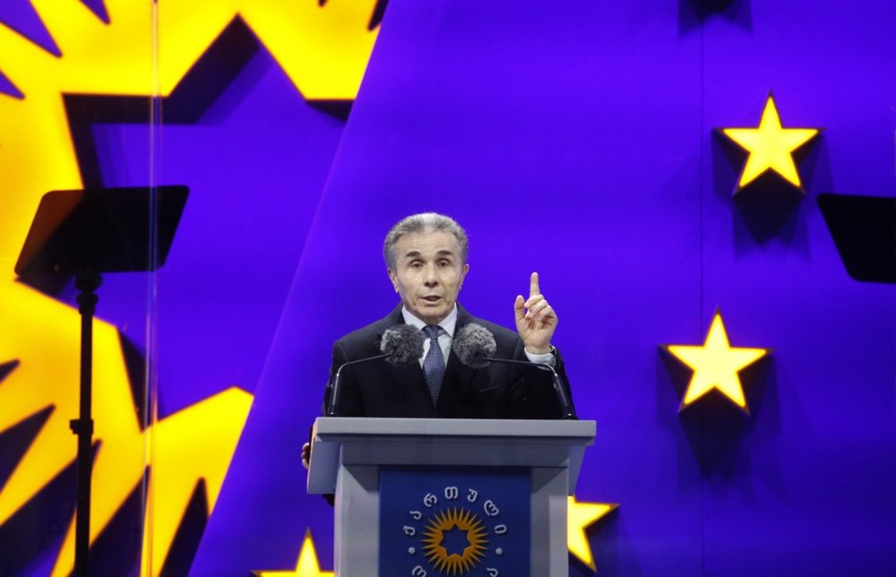 Bidzina Ivanishvili, founder of Georgian Dream, addresses a pre-election rally in Tbilisi on Wednesday. Photo: EPA-EFE/DAVID MDZINARISHVILI