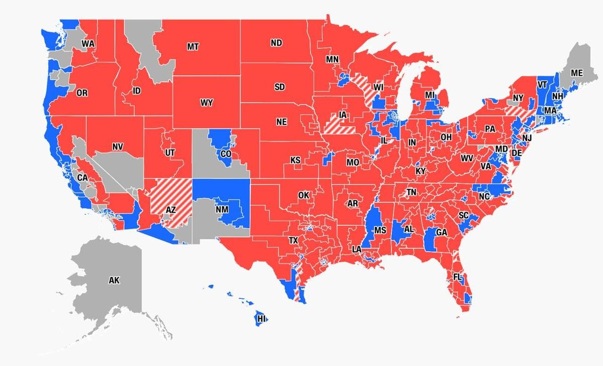 Предварительные итоги выборов в Палату представителей. Обозначенные синим цветом округа голосовали за демократов, красным — за республиканцев. 
Источник: CNN