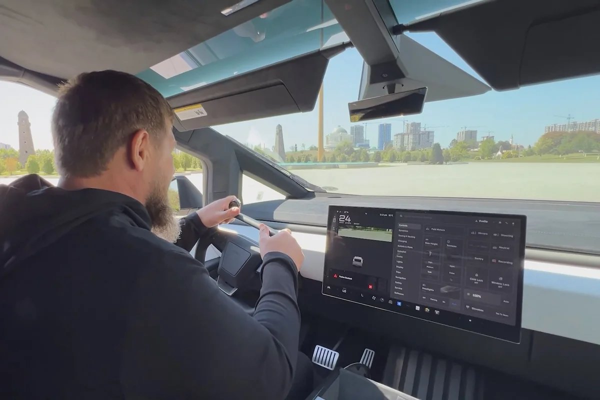 Ramzan Kadyrov drives the Tesla Cybertruck in Grozny, Chechnya. Photo: Telegram