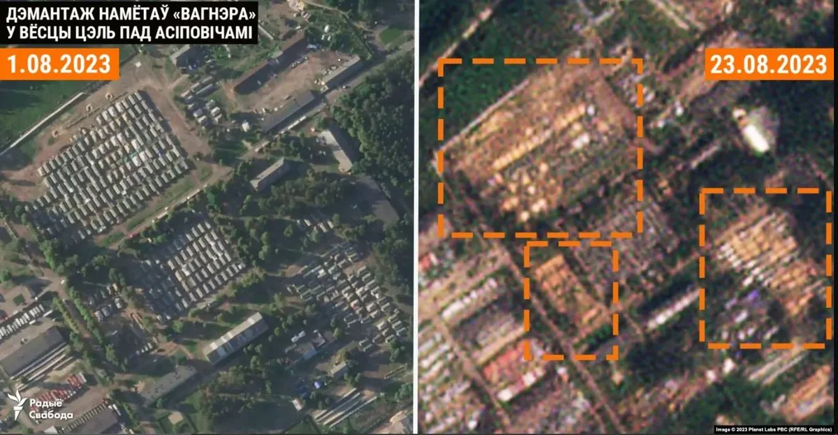 Satellite images of the Wagner camp in early and late August. Photo: Radio Liberty Belarus