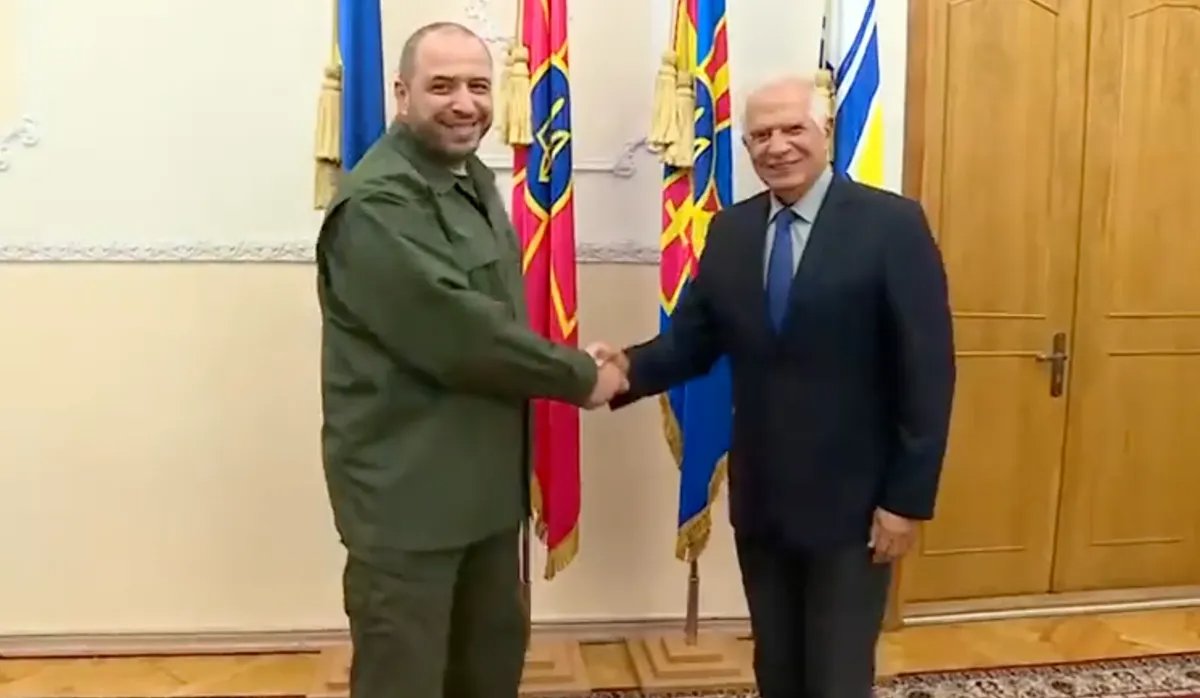 Borrell at a meeting with Ukraine’s Defence Minister. Photo: video screenshot