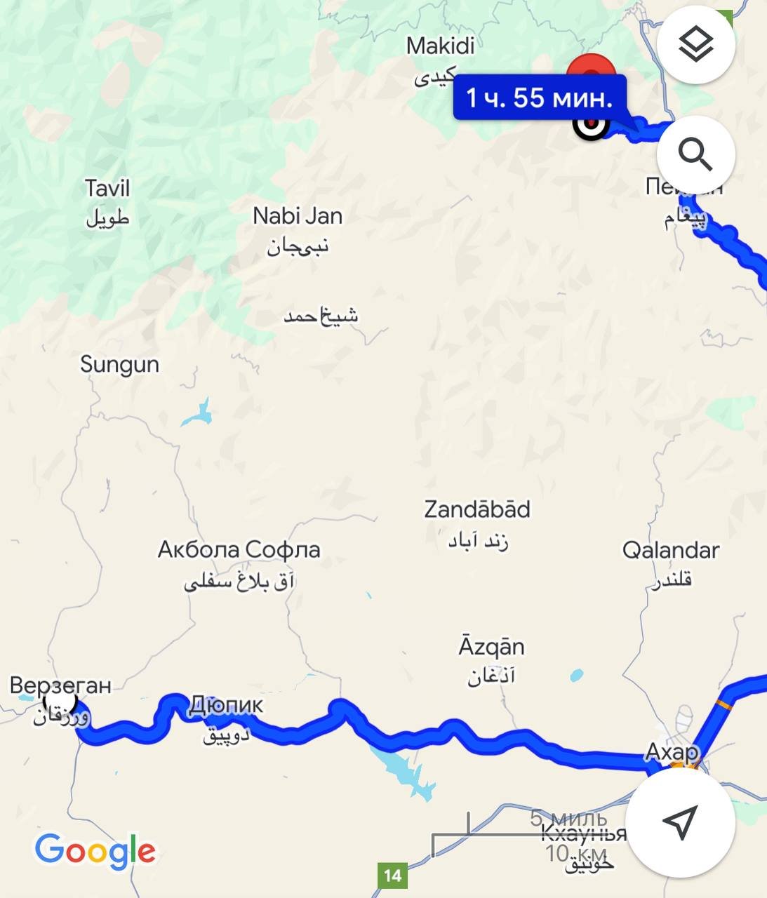 Примерный маршрут от Верзеган до Узи. Google-карты