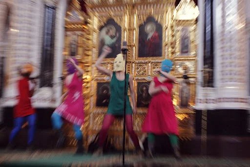 Pussy Riot perform their “punk prayer” in Moscow’s Cathedral of Christ the Saviour in 2012. Photo:  a-pesni.org