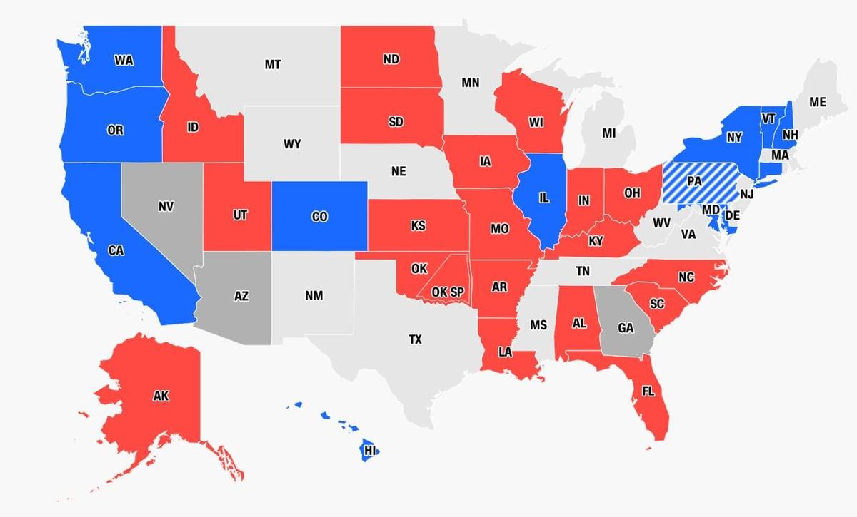 Предварительные итоги выборов в Сенат. Обозначенные синим цветом штаты голосовали за демократов, красным — за республиканцев 
 Источник: CNN