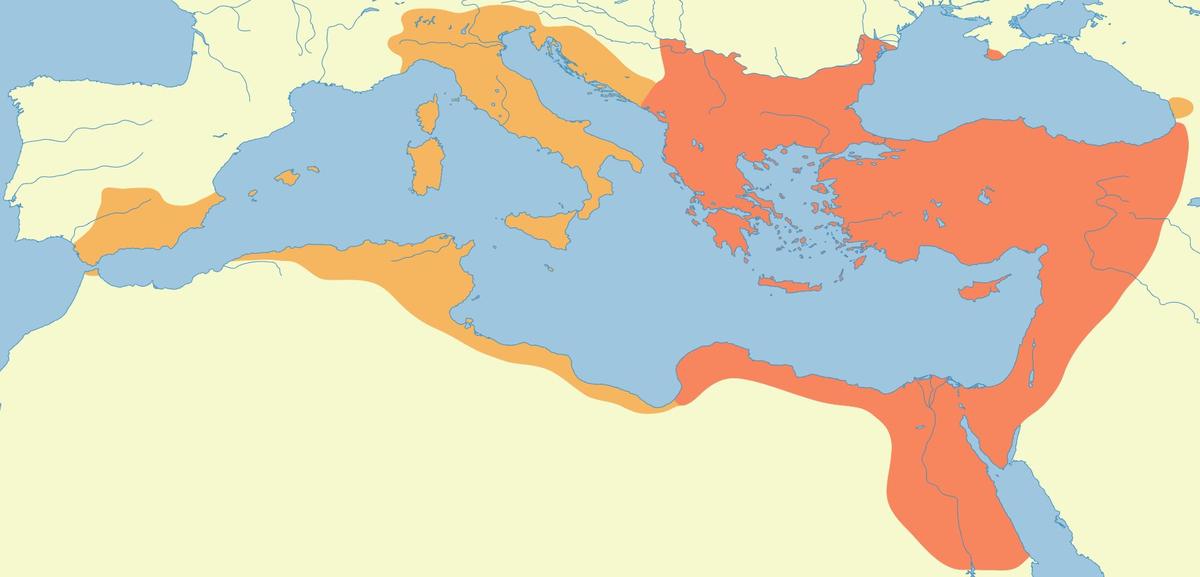Территориальные завоевания Восточной Римской империи при Юстиниане I. Красным выделены территории по состоянию на 527 год (начало правления) и оранжевым — по состоянию на дату смерти императора — 565 год. Фото:  Wikimedia Commons,  CC BY-SA 2.5